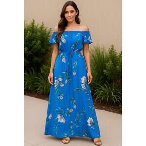 Jodi Kristopher Blue Floral Maxi Dress M Off Shoulder Flutter Sleeve Boho Summer